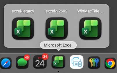 Mac Dock showing open Excel windows on hover
